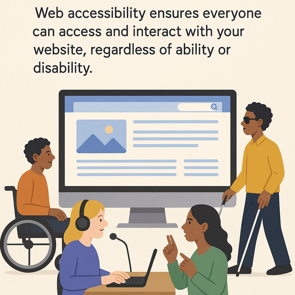 Illustration showing diverse users accessing a website with various assistive technologies